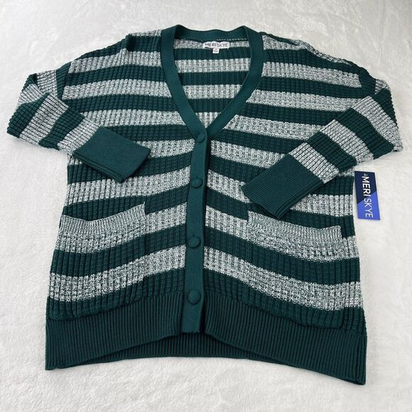Meri Skye Cable Knit Cardigan Sweater Women's Size  1X  Green & White Stripe‎ - Picture 1 of 13